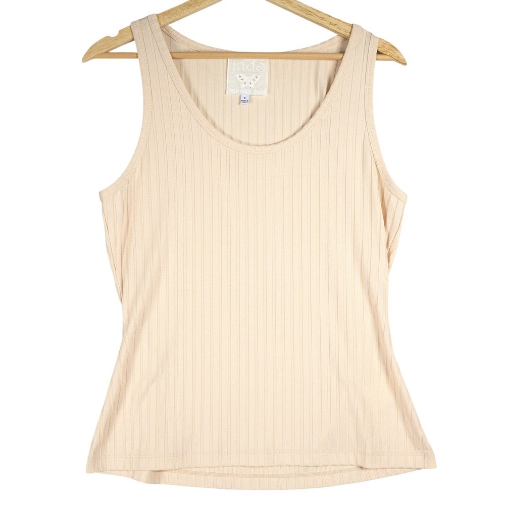 Jade by Johnny Was Womens Small Tan Ribbed Scoop Neck Tank Top Sleeveless Basic‎